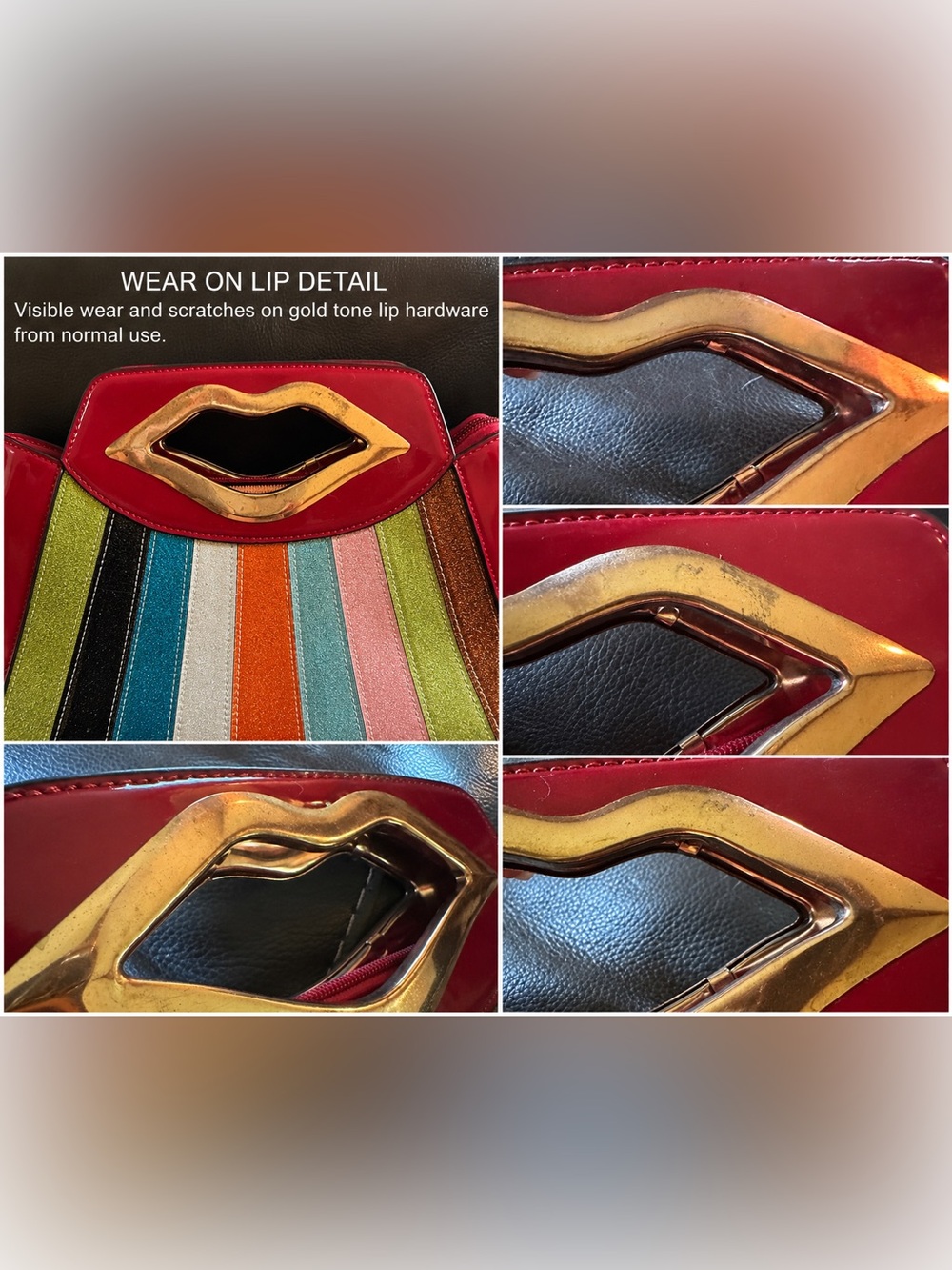Vintage Colorful Lip Handle Shoulder Bag Multicolor Glitter Stripe Patent - Picture 7 of 8